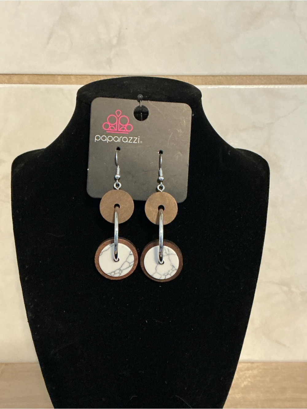 Paparazzi Brown and White Stone Hoop Drop Earrings